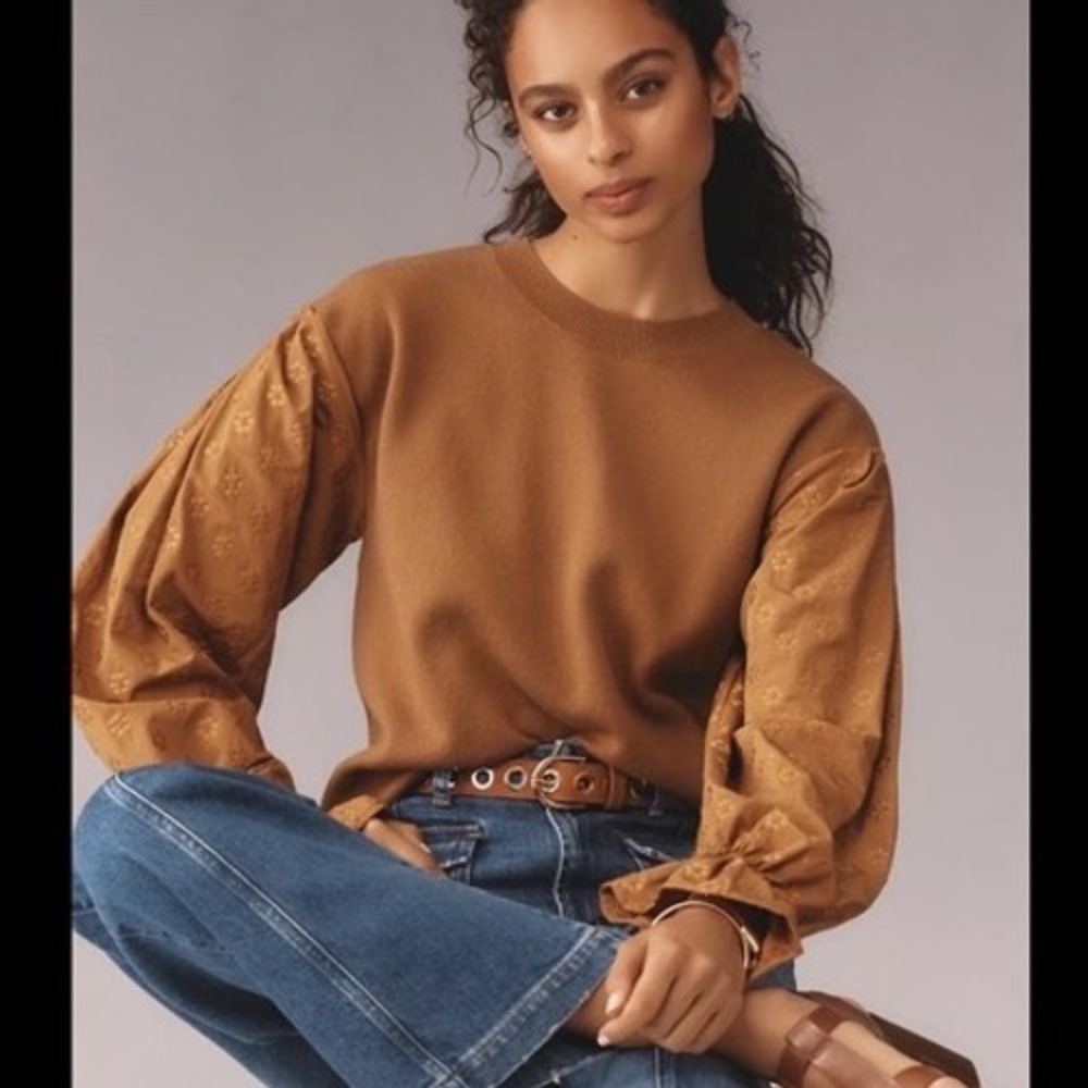 Anthropologie Womens Brown Embroidery Balloon Sleeve Textured Sweater Size Small